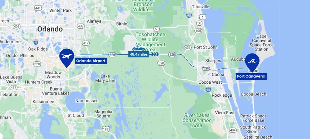 Orlando Airport to Port Canaveral Route Map