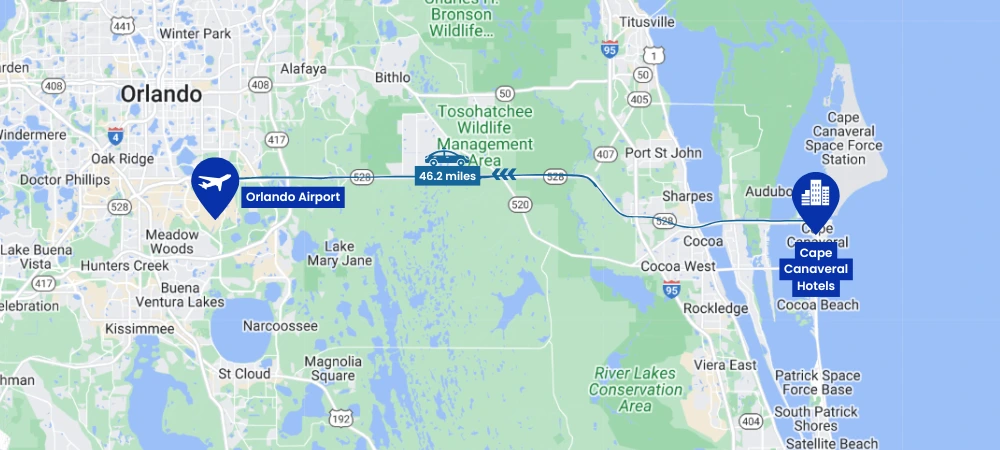 Cape Canaveral Hotels to Orlando Airport Route Map