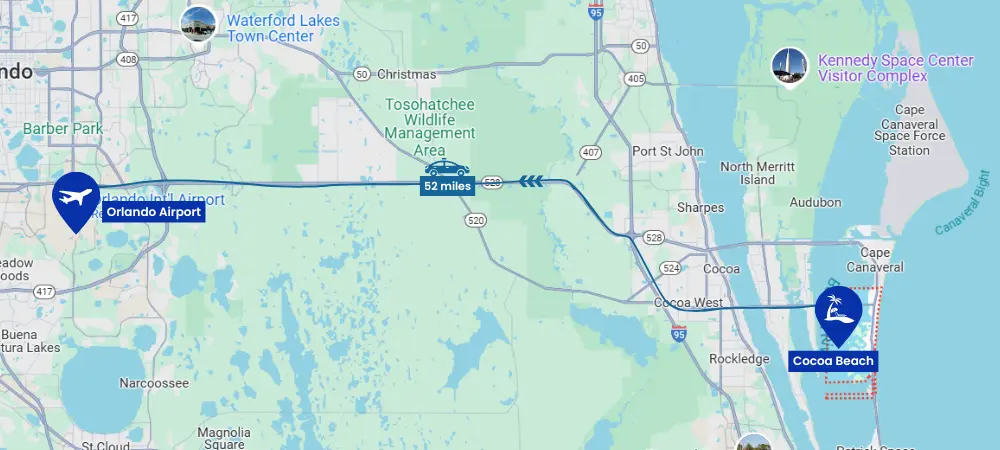 Cocoa Beach to Orlando Airport Route Map